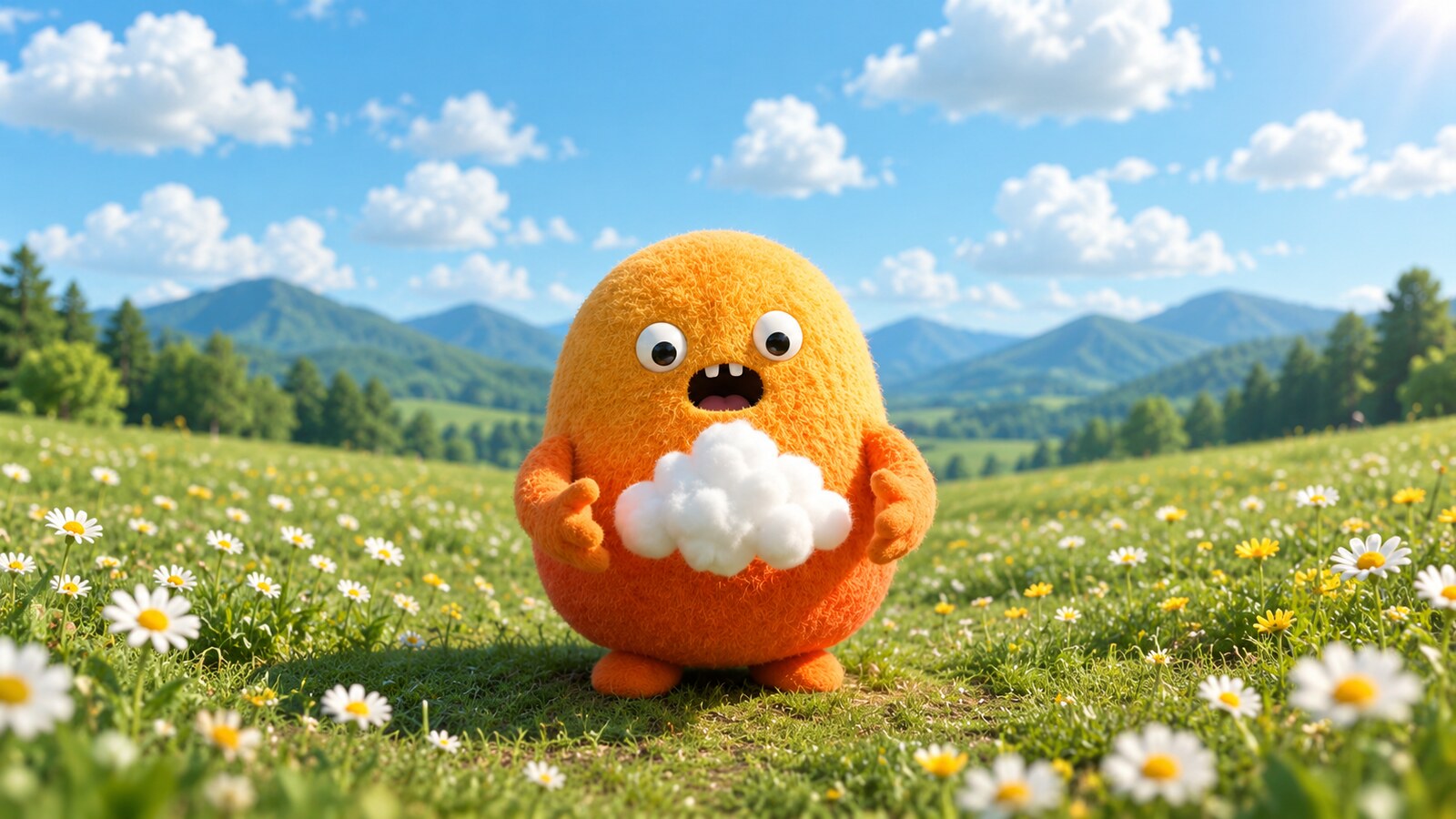 Nubo in a daisy field holding a cloud
