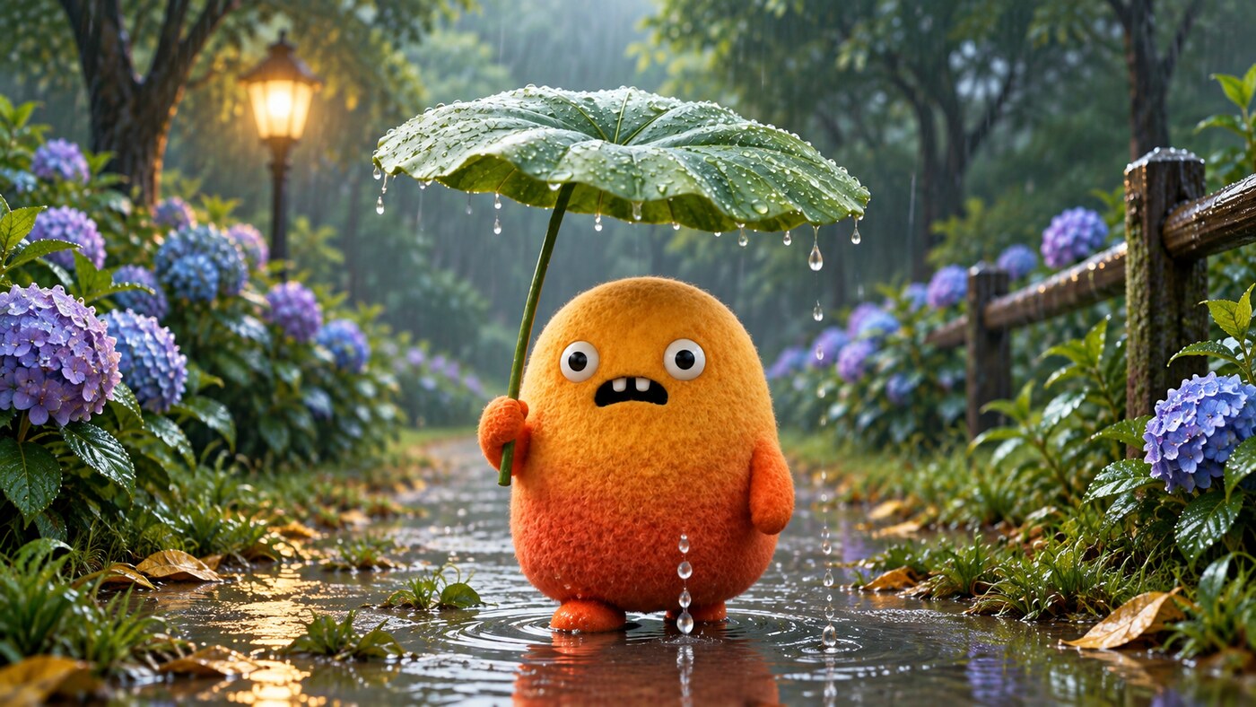 Nubo holding a leaf as an umbrella in the rain