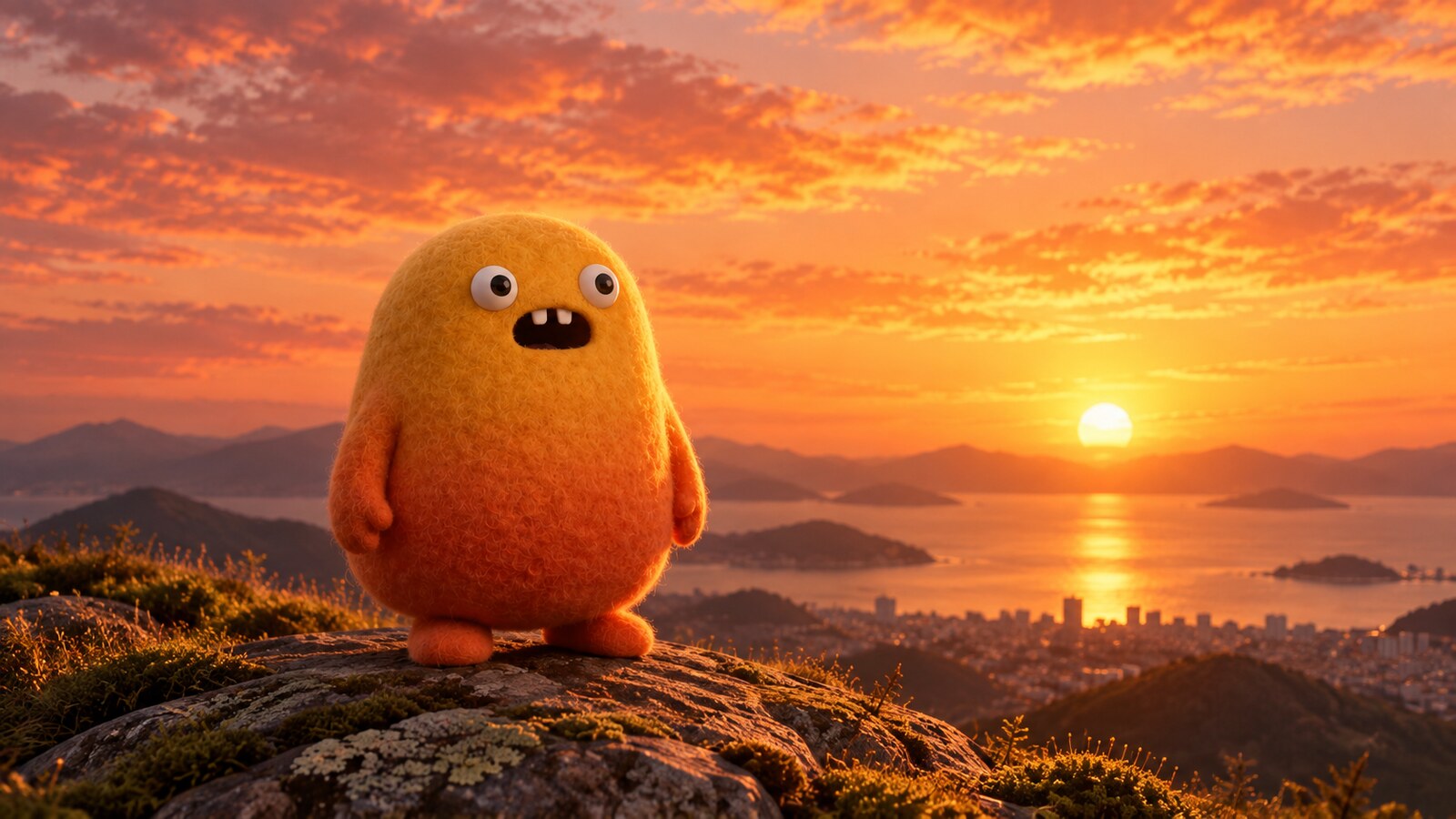 Nubo on a mountaintop at sunset, waving